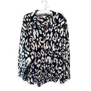 H&M | Linen Blouse Black Tan Leopard Print Long Sleeve Top | XXL